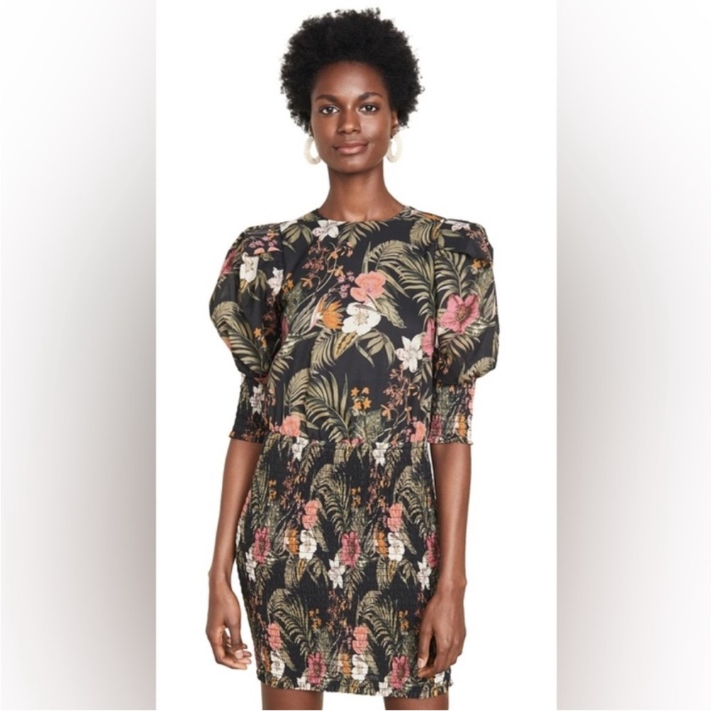 New Rebecca Minkoff Geneva Tropical Print Smocked Cotton Dress sz Lg